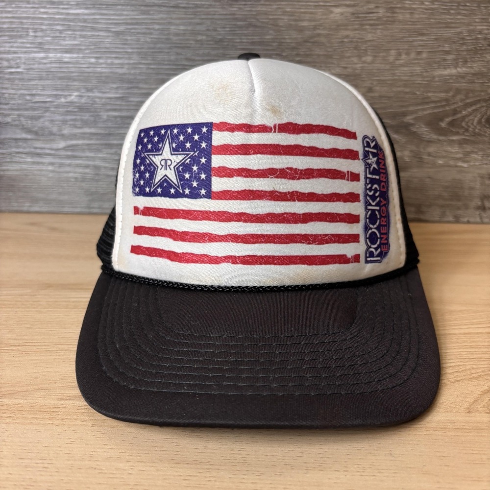 Rockstar Energy Drink Hat Cap Snap Back Black White Trucker Mesh Mens USA Flag